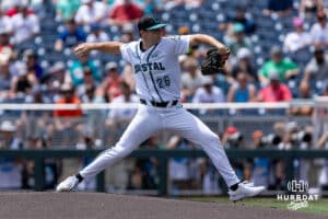 Coastal Carolina Chanticleer pitcher Riley Eikhoff (26) throws a pitch against the Arizona Wildcats in the first inning during the College World Series on Friday, June 13, 2025 in Omaha, Nebraska. Photo by John S. Peterson.