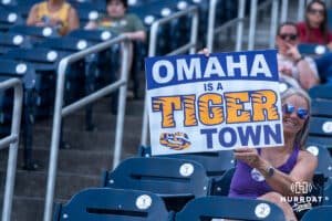 An LSU fan makes a bold statment during the CWS Media Day on June 12th, 2025 in Omaha, Nebraska. Photo by Brandon Tiedemann.