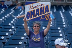 An LSU fan holds up a sign during the CWS Media Day on June 12th, 2025 in Omaha, Nebraska. Photo by Brandon Tiedemann.