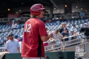 Arkansas Elliott Peterson talks with fans during the CWS Media Day on June 12th, 2025 in Omaha, Nebraska. Photo by Brandon Tiedemann.