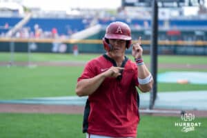 Arkansas Cam Kozeal poses during the CWS Media Day on June 12th, 2025 in Omaha, Nebraska. Photo by Brandon Tiedemann.