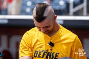 Louisvilles Jack Brown shows off his haircut during the CWS Media Day on June 12th, 2025 in Omaha, Nebraska. Photo by Brandon Tiedemann.