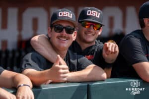 Oregon State playes smile during the CWS Media Day on June 12th, 2025 in Omaha, Nebraska. Photo by Brandon Tiedemann.