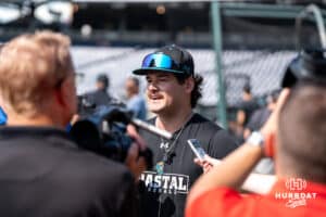 Tadan Bell talks with media during the CWS Media Day on June 12th, 2025 in Omaha, Nebraska. Photo by Brandon Tiedemann.