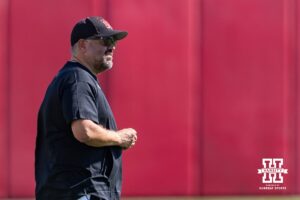 Nebraska Cornhuskers head coach Matt Rhule watching the act during practice on Monday, July 28, 2025 in Lincoln, Nebraska. Photo by John S. Peterson.