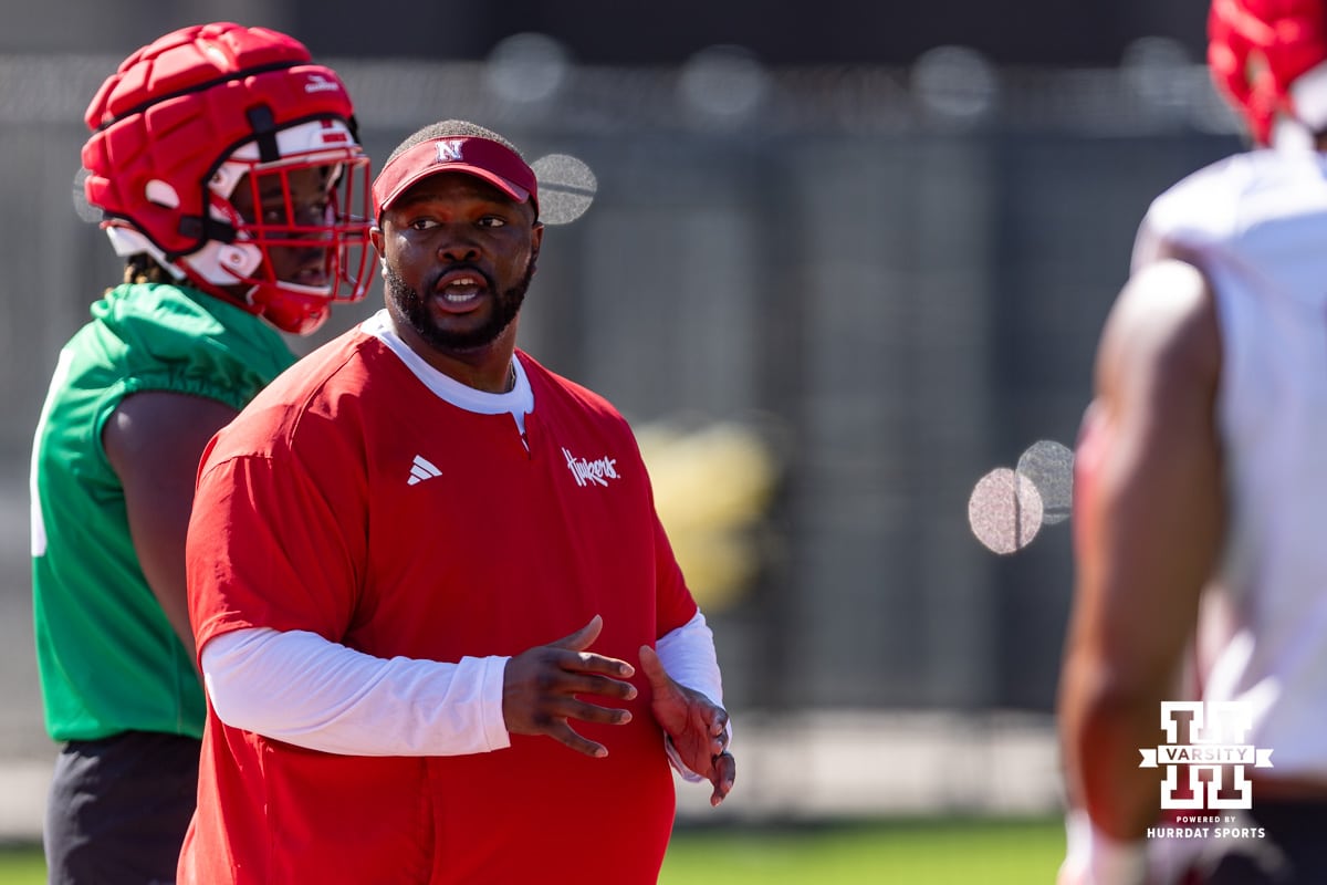 Nebraska Football Practice | 2025-07-28 Nebraska Cornhusker defensive line coach Terry Bradden working with his players during practice on Monday, July 28, 2025 in Lincoln, Nebraska. Photo by John S. Peterson.