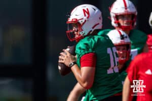 Nebraska Cornhusker Marcos Davila (16) drops back to pass during practice on Monday, July 28, 2025 in Lincoln, Nebraska. Photo by John S. Peterson.