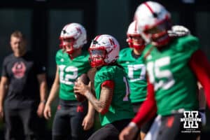 Nebraska Cornhusker TJ Lateef (14) running passing drills during practice on Monday, July 28, 2025 in Lincoln, Nebraska. Photo by John S. Peterson.