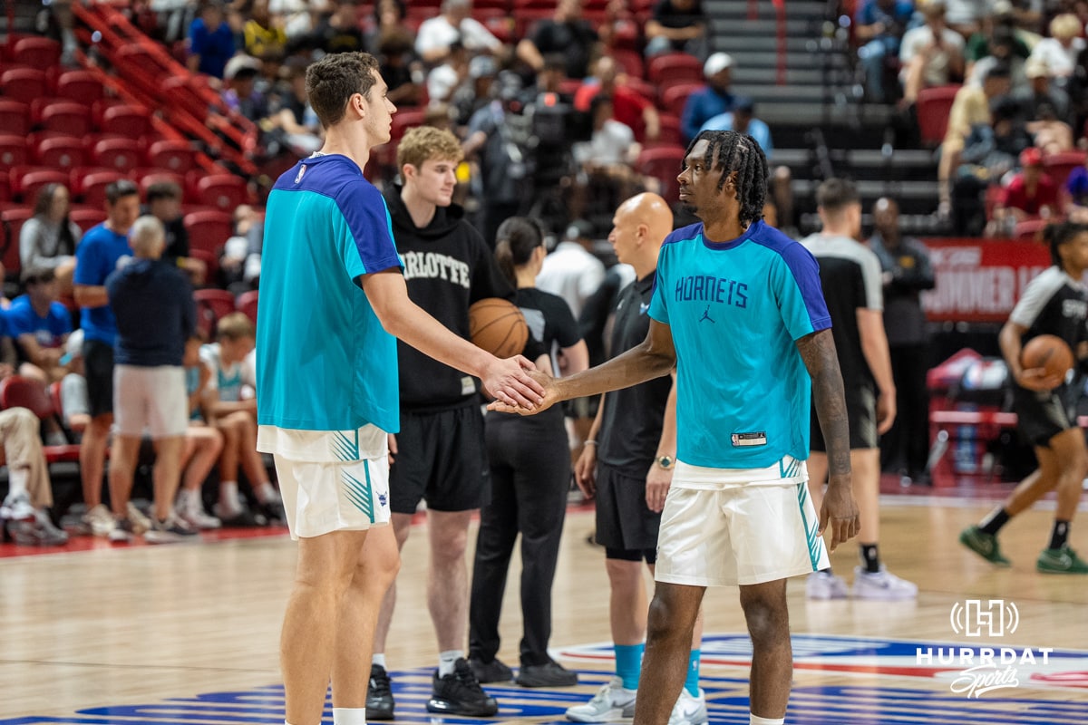 2025.07.17 NBA Summer League Ryan Kalkbrenner and Jamiya Neal high five before a basketball game Wednesday July 17th 2025 in Las Vegas. Photo by Brandon Tiedemann.