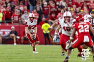 Nebraska Cornhusker Archie Wilson (83) punts the ball in the fourth quarter against the Cincinnati Bearcats during a college football game on Thursday, August 28, 2025, in Kansas City, MO. Photo by John S. Peterson.