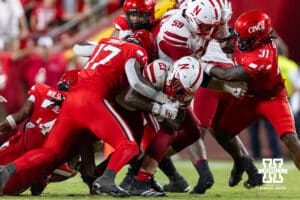 Nebraska Cornhusker Emmett Johnson (21) runs with the ball against the Cincinnati Bearcats during a college football game Thursday, August 28, 2025 in Kansas City, MO. Photo by John S. Peterson.