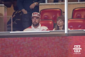 Kansas City Chiefs Travis Kelce and Taylor Swift watching the game between the Nebraska Cornhuskers and the Cincinnati Bearcats during a college football game on Thursday, August 28, 2025, in Kansas City, MO. Photo by John S. Peterson.