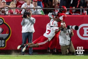 Nebraska Cornhusker Malcolm Hartzog Jr. (7) breaks up a pass to Cincinnati Bearcat wide receiver Cyrus Allen (4) during a college football game Thursday, August 28, 2025 in Kansas City, MO. Photo by John S. Peterson.