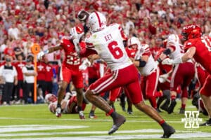 Nebraska Cornhusker Dane Key (6) makes a catch for a touchdown against the Cincinnati Bearcats in the third quarter during a college football game Thursday, August 28, 2025 in Kansas City, MO. Photo by John S. Peterson.
