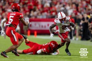 Nebraska Cornhusker Jacory Barney Jr. (2) runs with the ball against the Cincinnati Bearcats in the fourth quarter during a college football game Thursday, August 28, 2025 in Kansas City, MO. Photo by John S. Peterson.