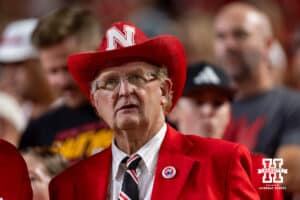 Nebraska Cornhusker fan dressed as Big Red during a college football game against the Cincinnati Bearcats Thursday, August 28, 2025 in Kansas City, MO. Photo by John S. Peterson.