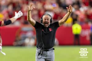 Nebraska Cornhusker head coach Matt Rhule signals touchdown watching the review at the end of the second quarter during a college football game against the Cincinnati Bearcats on Thursday, August 28, 2025, in Kansas City, MO. Photo by John S. Peterson.