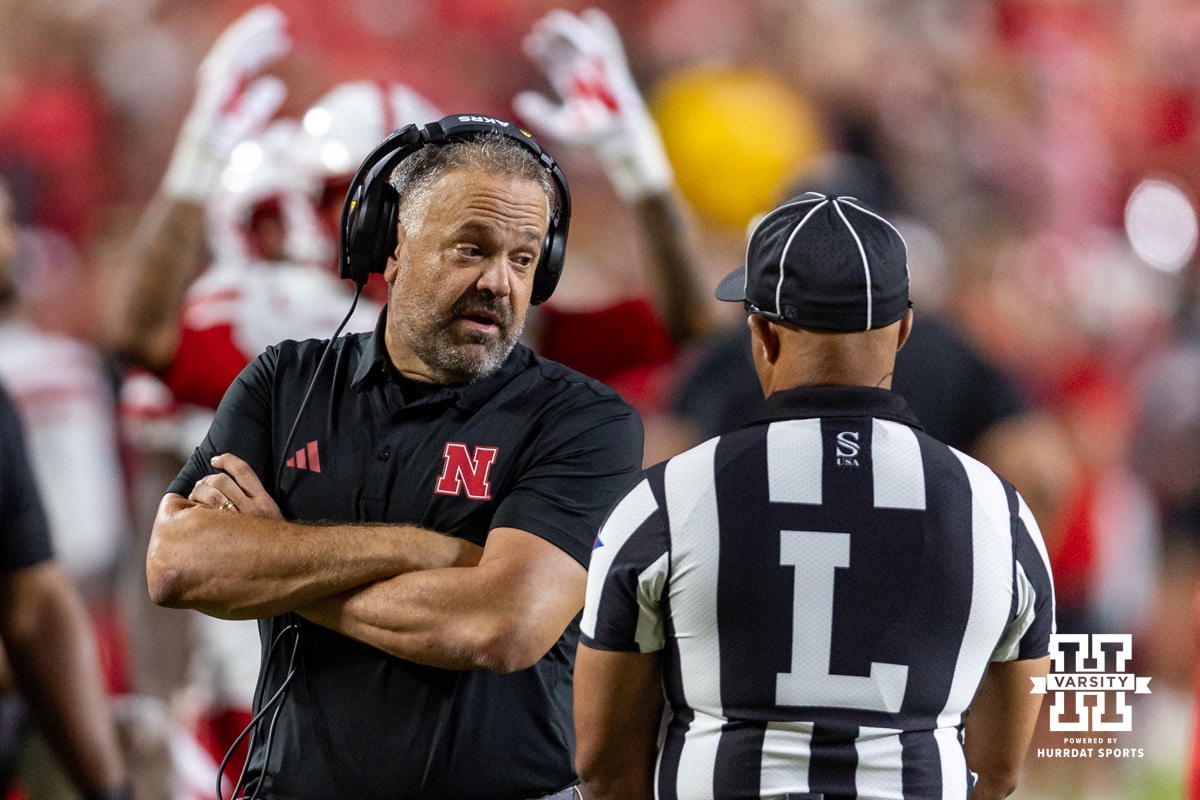 Nebraska Cornhusker head coach Matt Rhule talks to the referee during a review of the Nebraska touchdown in the second quarter against the Cincinnati Bearcats during a college football game Thursday, August 28, 2025 in Kansas City, MO. Photo by John S. Peterson.