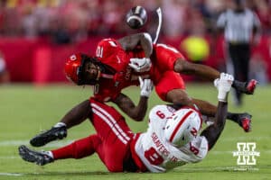 Nebraska Cornhusker DeShon Singleton (8) breaks up a pass to Cincinnati Bearcat wide receiver Caleb Goodie (10) in the second quarter during a college football game Thursday, August 28, 2025 in Kansas City, MO. Photo by John S. Peterson.