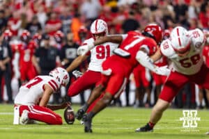 Nebraska Cornhusker Kyle Cunanan (91) makes a three point field goal against the Cincinnati Bearcats in the second quarter to put the Huskers ahead by three during a college football game Thursday, August 28, 2025 in Kansas City, MO. Photo by John S. Peterson.