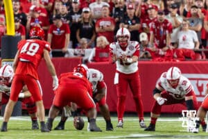 Nebraska Cornhusker Dylan Raiola (15) in the shotgun against the Cincinnati Bearcats in the first quarter during a college football game Thursday, August 28, 2025 in Kansas City, MO. Photo by John S. Peterson.
