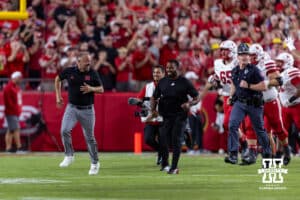 Nebraska Cornhusker head coach Matt Rhule lead the Nebraska Cornhuskers on to the field to take on the Cincinnati Bearcats during a college football game Thursday, August 28, 2025 in Kansas City, MO. Photo by John S. Peterson.