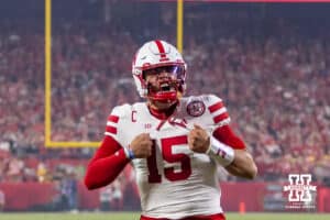 Nebraska Cornhusker Dylan Raiola (15) gets the fans fired up right before the start of the college football game against the Cincinnati Bearcats, Thursday, August 28, 2025 in Kansas City, MO. Photo by John S. Peterson.