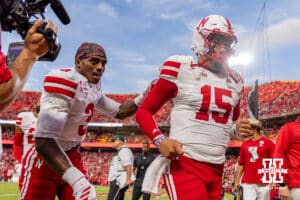Nebraska Cornhuskers Dylan Raiola (15) and Marques Buford Jr. (3) head back to the locker room before the college football game against the Cincinnati Bearcats, Thursday, August 28, 2025 in Kansas City, MO. Photo by John S. Peterson.