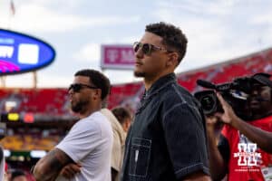 Kansas City Chielfs quarterback watches pre-game warm-up for the college football game between the Nebraska Cornhuskers and the Cincinnati Bearcats, Thursday, August 28, 2025 in Kansas City, MO. Photo by John S. Peterson.