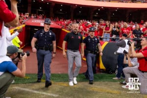 Nebraska Cornhusker head coach Matt Rhule walks out on to the field for pre-game against the Cincinnati Bearcats during a college football game, Thursday, August 28, 2025 in Kansas City, MO. Photo by John S. Peterson.