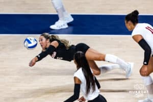Nebraska Cornhusker Laney Choboy (6) dives for the dig against the Stanford Cardinals in the second set during the AVAC First Serve volleyball match on Sunday, August 24, 2025 in Lincoln, Nebraska. Photo by John S. Peterson.