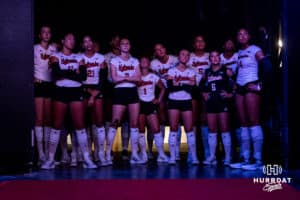 Nebraska Cornhuskers watching the hype video before introductions to take on the Stanford Cardinals during the AVAC First Serve volleyball match on Sunday, August 24, 2025 in Lincoln, Nebraska. Photo by John S. Peterson.