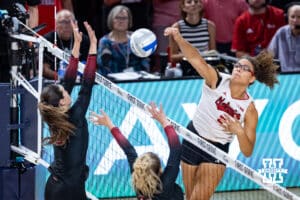Nebraska Cornhusker Rebekah Allick (5) spikes the ball against the Stanford Cardinals during the AVAC First Serve volleyball match on Sunday, Aug. 24, 2025 in Lincoln, Nebraska. Photo by John S. Peterson.