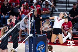 Nebraska Cornhusker Allie Sczech (3) jumps up to spike the ball against the Stanford Cardinals in the second set during the AVAC First Serve volleyball match on Sunday, Aug. 24, 2025 in Lincoln, Nebraska. Photo by John S. Peterson.