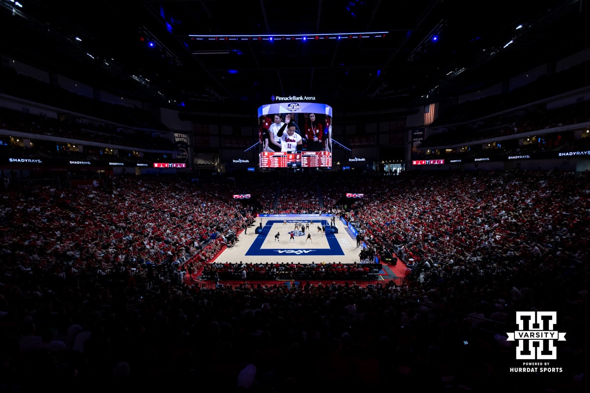 Volleyball fans pack Pinnacle Bank Arena for the Nebraska vs Stanford match during the AVAC First Serve volleyball match on Sunday, Aug. 24, 2025 in Lincoln, Nebraska. Photo by John S. Peterson.