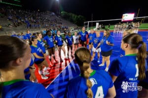 Millard South huddles up at a break in the action during the Battle at the Buell, Thursday, August 21st, 2025, Millard, Nebraska. Photo by Braden Cochran.
