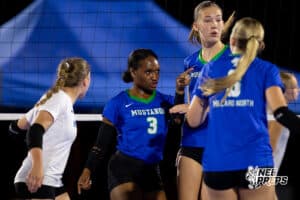A Millard North player celebrates a point with her team during the Battle at the Buell, Thursday, August 21st, 2025, Millard, Nebraska. Photo by Braden Cochran.