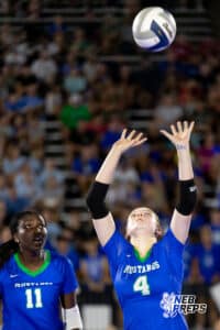 A Millard North setter sets the ball up for a teammate during the Battle at the Buell, Thursday, August 21st, 2025, Millard, Nebraska. Photo by Braden Cochran.