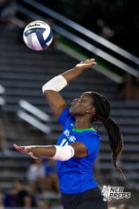 A Millard North player serves the ball to start the match during the Battle at the Buell, Thursday, August 21st, 2025, Millard, Nebraska. Photo by Braden Cochran.