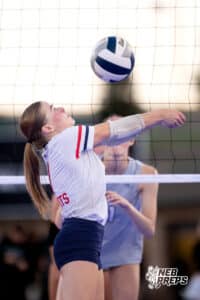 A Millard South libero bumps the ball to a teammate during the Battle at the Buell, Thursday, August 21st, 2025, Millard, Nebraska. Photo by Braden Cochran.