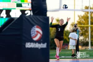 A Millard West libero serves the ball during the Battle at the Buell, Thursday, August 21st, 2025, Millard, Nebraska. Photo by Braden Cochran.