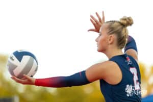 A Millard South player gets ready to serve the ball during the Battle at the Buell, Thursday, August 21st, 2025, Millard, Nebraska. Photo by Braden Cochran.