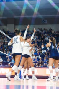 Eloise Brandewie points to the sky after scoring during the Creighton Volleyball Exhibition game vs Colorado State on August 16th, 2025 in Omaha, Nebraska. Photo by Drew Balus