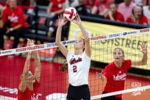 Nebraska Cornhusker Bergen Reilly (2) sets the ball against the Nebraska alumni in the fourth set during the Nebraska alumni match on Saturday, Aug. 16, 2025 in Lincoln, Nebraska. Photo by John S. Peterson.