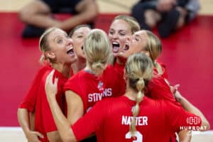 Nebraska alumni having fun celebrating a point agains the the Nebraska Cornhuskers in the third set during the Nebraska alumni match on Saturday, Aug. 16, 2025 in Lincoln, Nebraska. Photo by John S. Peterson.