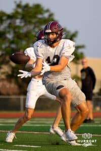 A Waverly reciever catches a bobbled pass during a morning practice, Friday, August 15th, 2025, Waverly, Nebraska. Photo by Braden Cochran