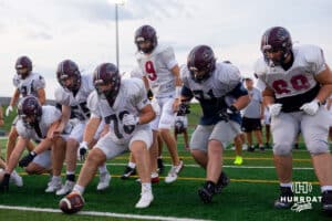 The Waverly Offensive line rushes to the line during a morning practice, Friday, August 15th, 2025, Waverly, Nebraska. Photo by Braden Cochran