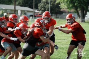 Norfolk Catholic runs a play during the football practice on Wednesday, August 13, 2025 in Norfolk, Nebraska. Photo by Mike Sautter.