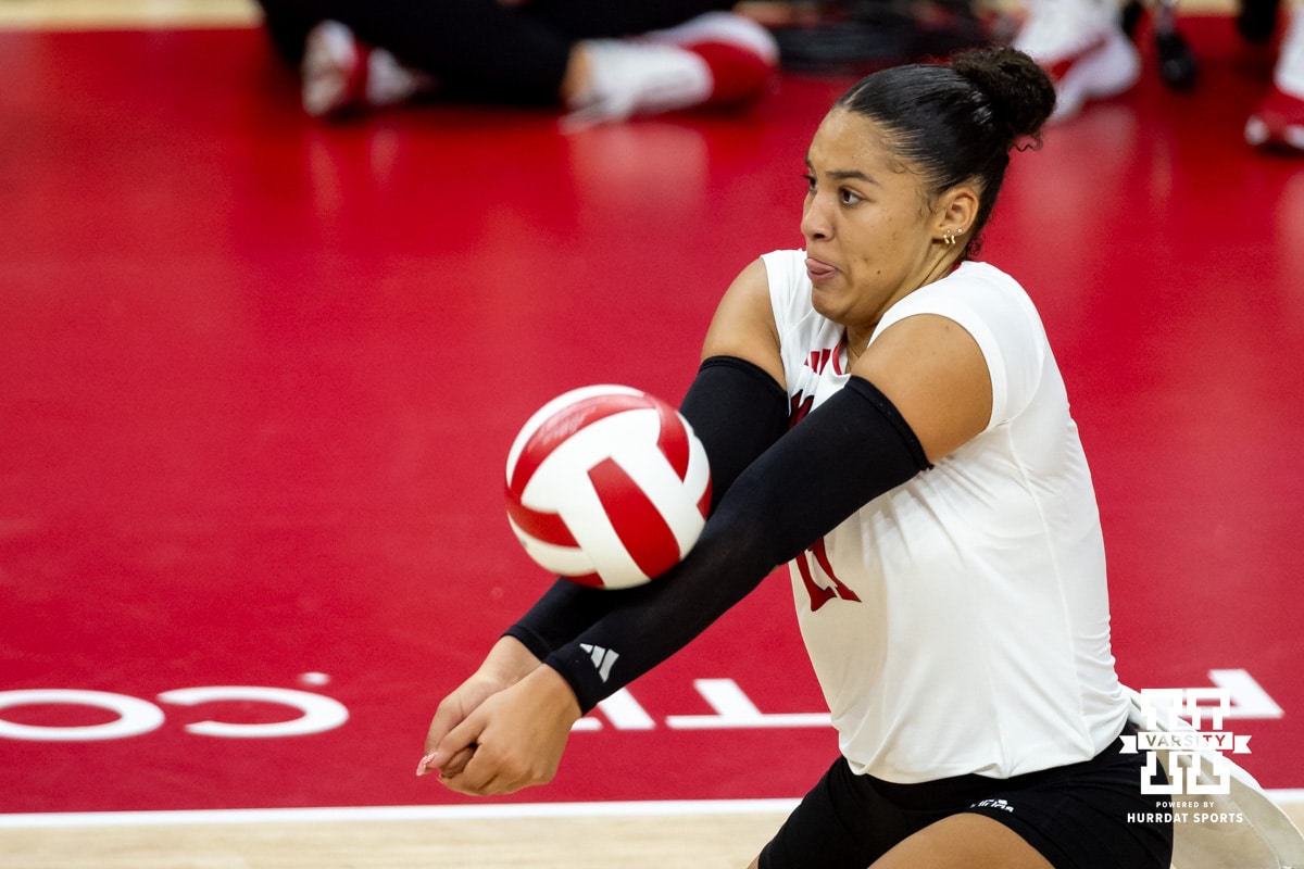 Nebraska Cornhusker Teraya Sigler (11) digs the ball against the Nebraska alumni in the third set during the Nebraska alumni match on Saturday, Aug. 16, 2025 in Lincoln, Nebraska. Photo by John S. Peterson.