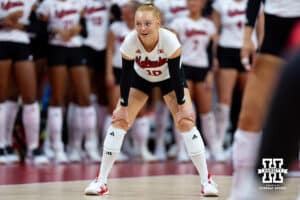 Nebraska Cornhusker Olivia Mauch (10) ready for a serve from the Nebraska alumni in the second set during the Nebraska alumni match on Saturday, Aug. 16, 2025 in Lincoln, Nebraska. Photo by John S. Peterson.